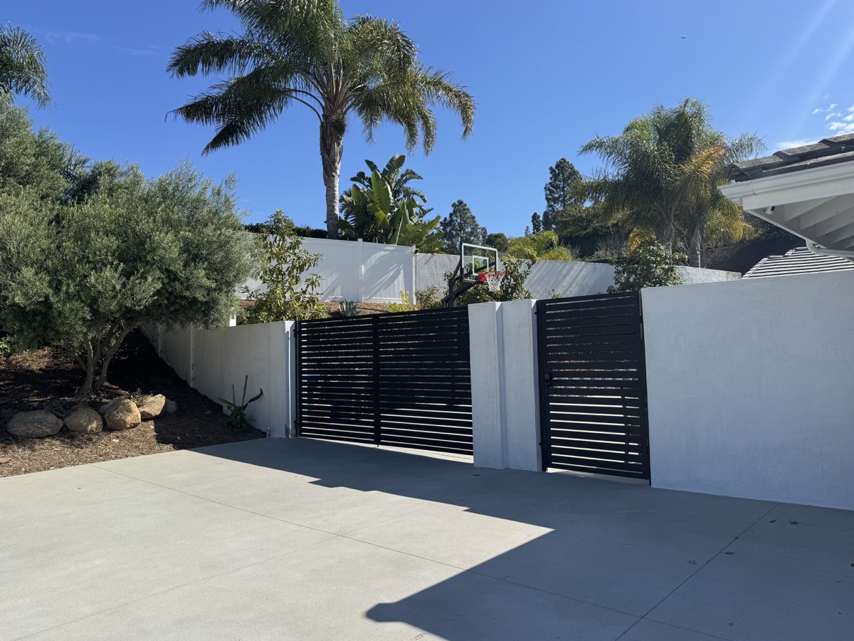 Modern horizontal slat driveway gate with palm trees